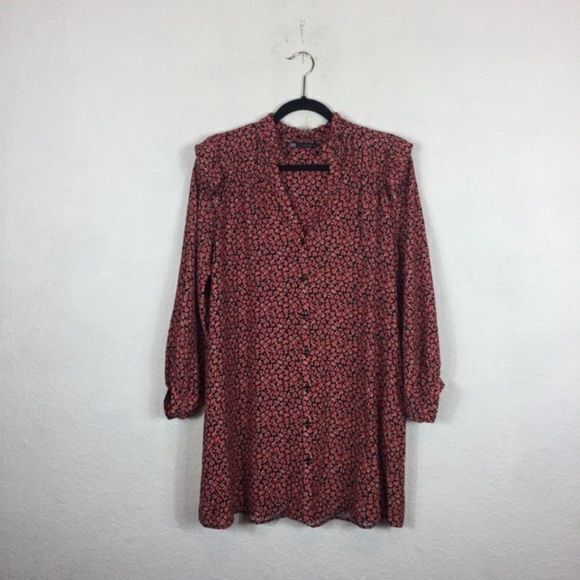 NEW Zara Red Floral Printed Button Ruffle Shoulder Long Sleeve Mini Dress SZ XS - Picture 7 of 7
